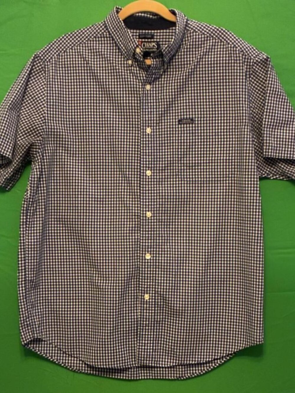 CHAPS Ralph Lauren Men’s CLASSIC Button Down Short Sleeve Blue Check Shirt SZ Lg